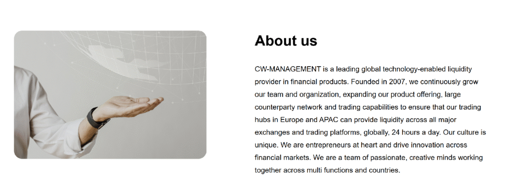 CW-Management About Us page presenting company background, growth, and international development.
