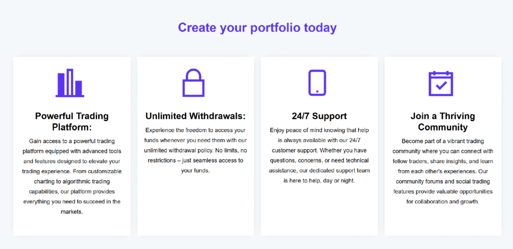 CW-Management portfolio section highlighting account access, withdrawal options, customer support, and community resources.
