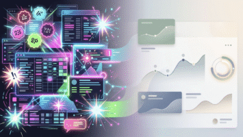 Split visual contrasting a busy gamified trading interface with a calm, uncluttered one