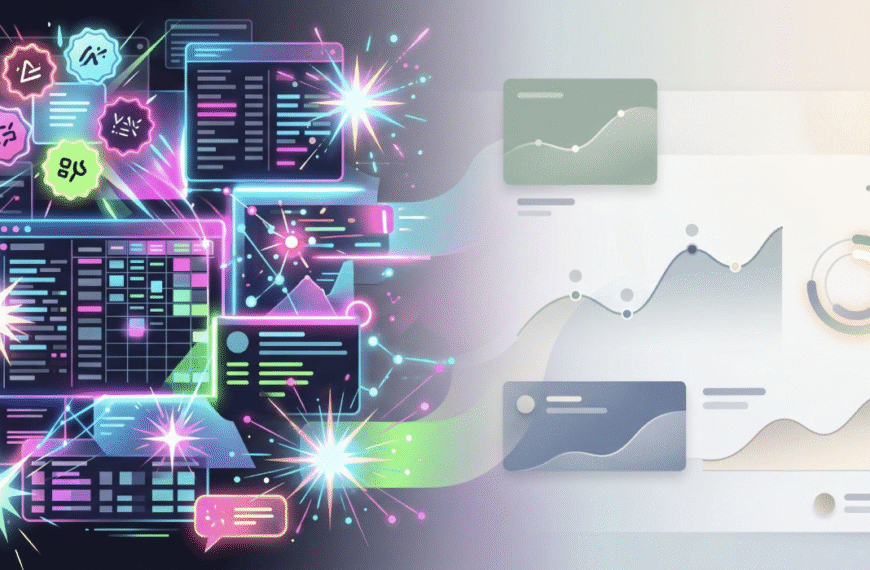 Split visual contrasting a busy gamified trading interface with a calm, uncluttered one